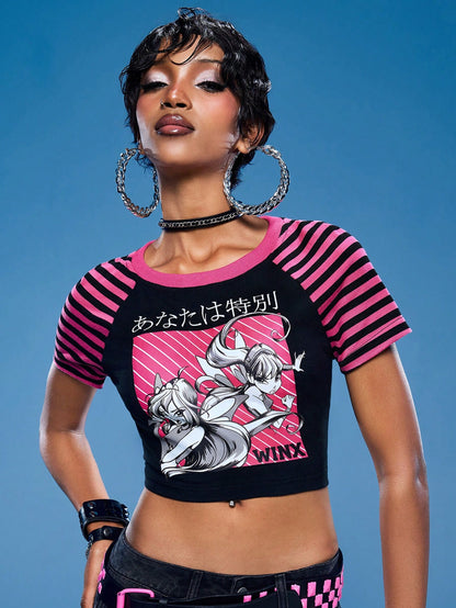 Winx Club X ROMWE Camiseta ajustada con mangas raglán a rayas, estampado de dibujos animados para mujer