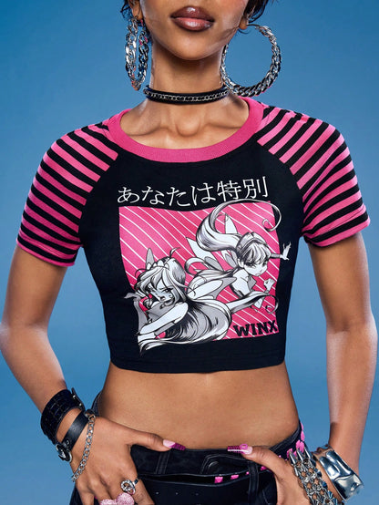 Winx Club X ROMWE Camiseta ajustada con mangas raglán a rayas, estampado de dibujos animados para mujer