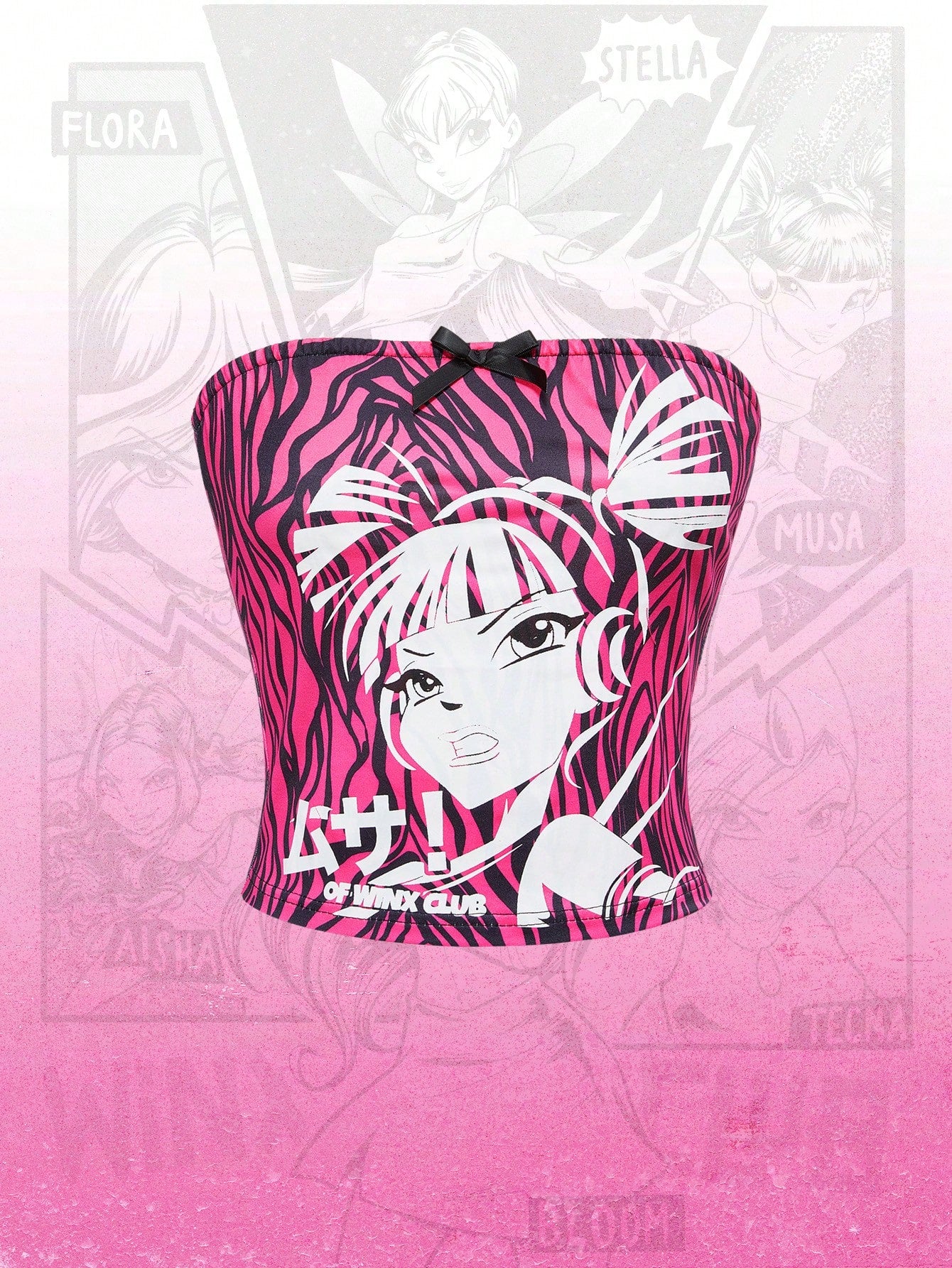 Winx Club X ROMWE Top bandeau mujer con estampe de cebra y retrato de dibujos animados con estilo punk