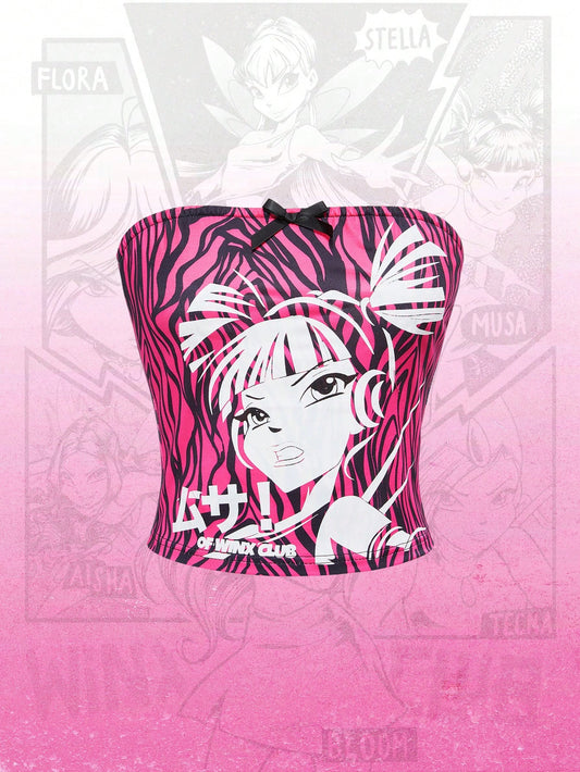 Winx Club X ROMWE Top bandeau mujer con estampe de cebra y retrato de dibujos animados con estilo punk