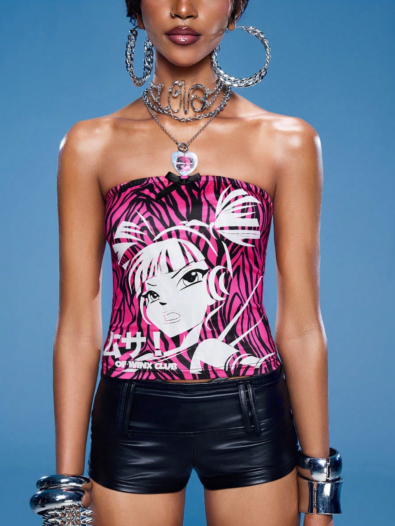 Winx Club X ROMWE Top bandeau mujer con estampe de cebra y retrato de dibujos animados con estilo punk