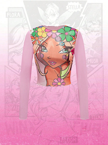 Winx Club X ROMWE Top corto transparente ajustado con estampado de personaje de dibujos animados para mujer, color rosa