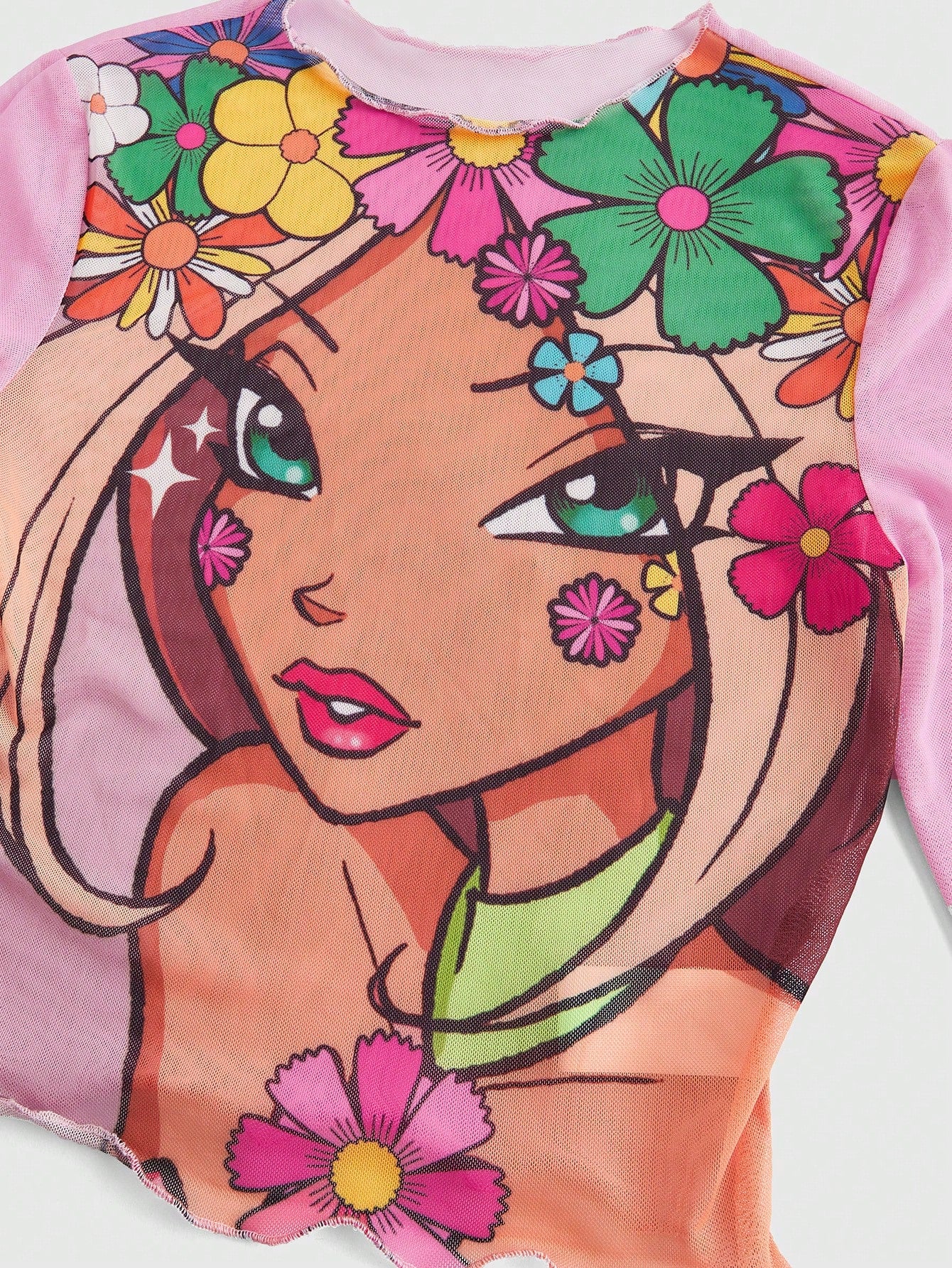 Winx Club X ROMWE Top corto transparente ajustado con estampado de personaje de dibujos animados para mujer, color rosa
