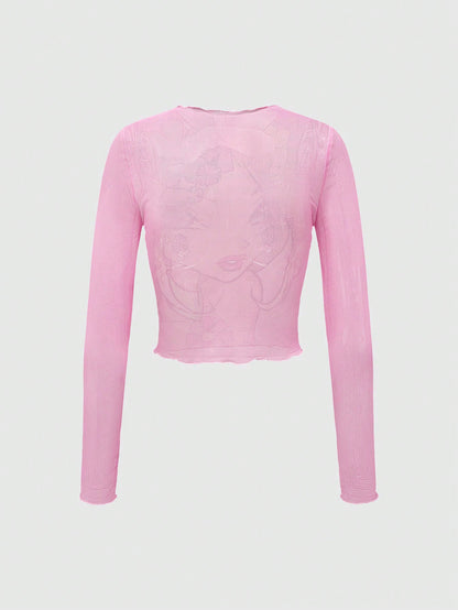 Winx Club X ROMWE Top corto transparente ajustado con estampado de personaje de dibujos animados para mujer, color rosa