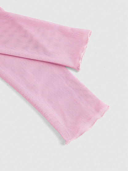 Winx Club X ROMWE Top corto transparente ajustado con estampado de personaje de dibujos animados para mujer, color rosa