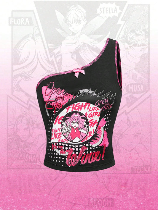 Winx Club X ROMWE Top de tirantes asimétrica con estampado retrato y parches con estampado de leopardo, con lazo decorativo