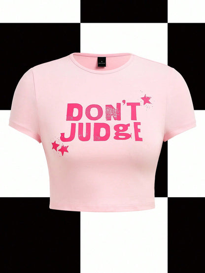 Y2Kool Babi Basques Camiseta de cuello redondo ajustada y corta con eslogan en estilo Y2K de color rosa pálido, adecuada para verano, vacaciones, reuniones, fiestas y uso casual diario