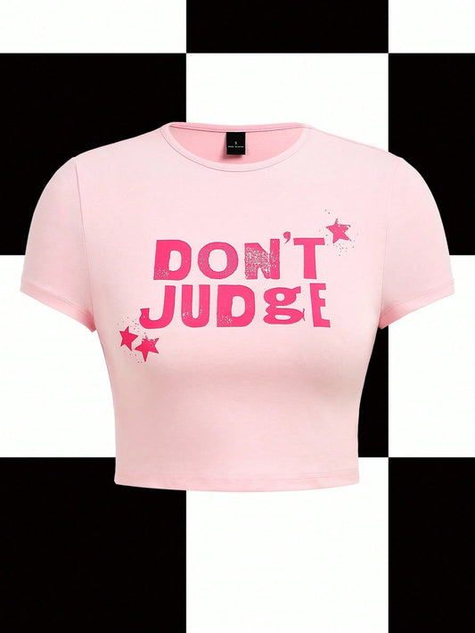 Y2Kool Babi Basques Camiseta de cuello redondo ajustada y corta con eslogan en estilo Y2K de color rosa pálido, adecuada para verano, vacaciones, reuniones, fiestas y uso casual diario