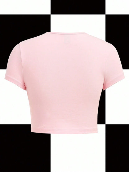 Y2Kool Babi Basques Camiseta de cuello redondo ajustada y corta con eslogan en estilo Y2K de color rosa pálido, adecuada para verano, vacaciones, reuniones, fiestas y uso casual diario