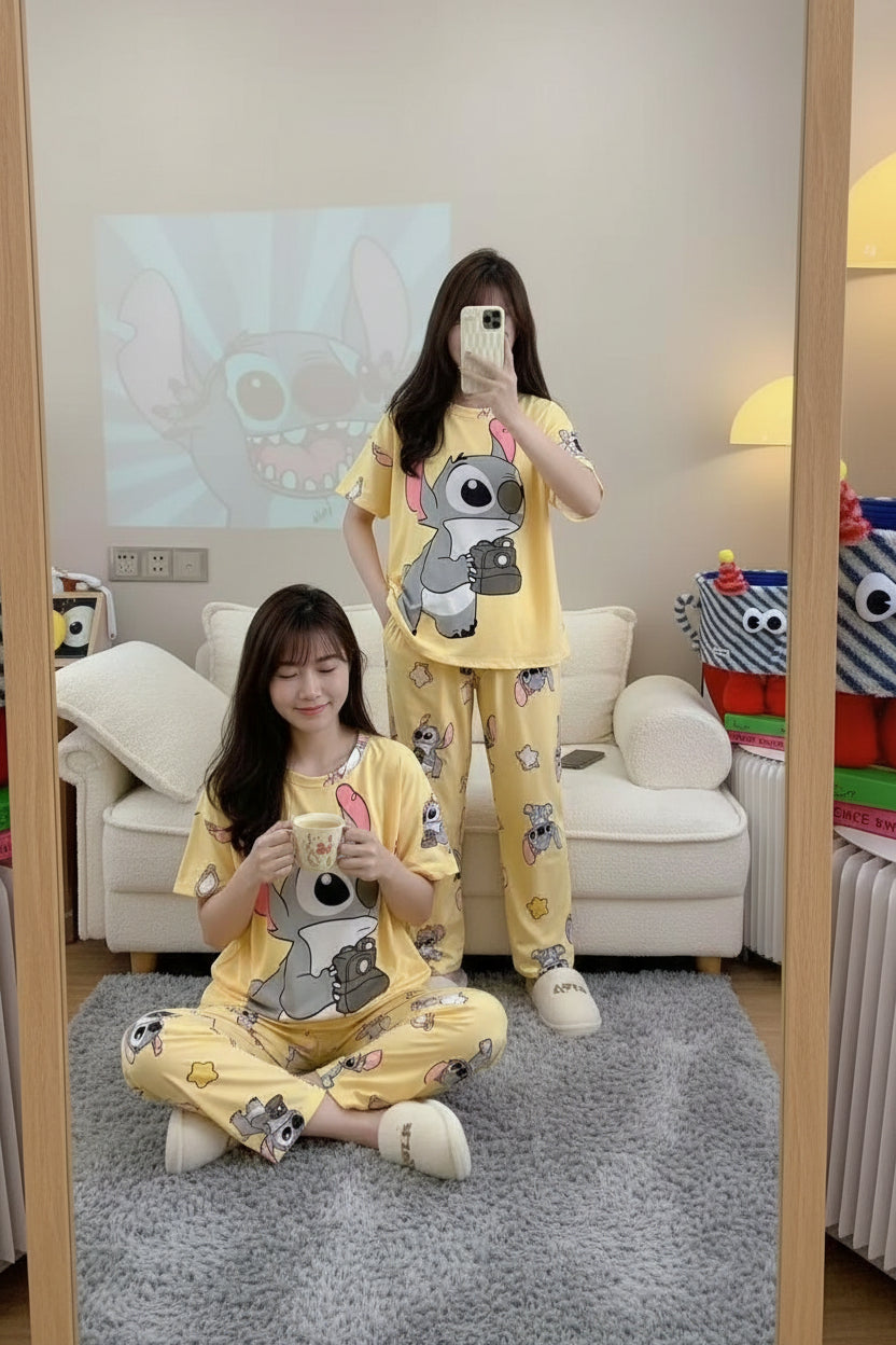 Set Pijama Sunshine Cute Stitch – Polo + Pantalón + Short