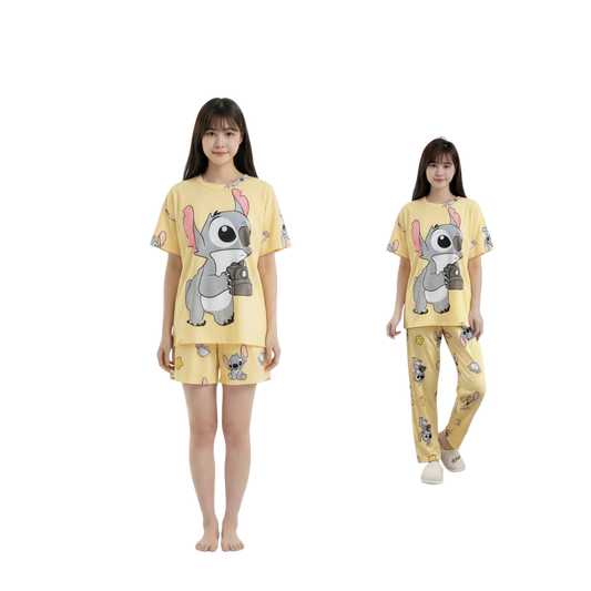 Set Pijama Sunshine Cute Stitch – Polo + Pantalón + Short