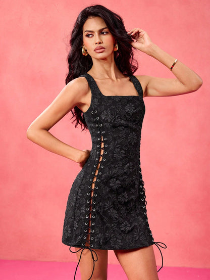 shy_girl Vestido corto sexy de encaje jacquard negro de diseñador, atuendo de festival para mujeres primavera-verano, vestido de graduación