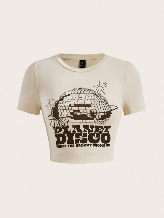 splusmart Camiseta corta de artista con estampado retro de letras y gráficos de calle, ropa de mujer, para verano, 95% algodón