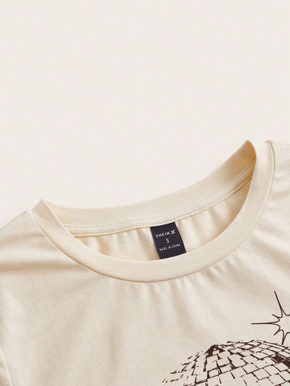 splusmart Camiseta corta de artista con estampado retro de letras y gráficos de calle, ropa de mujer, para verano, 95% algodón