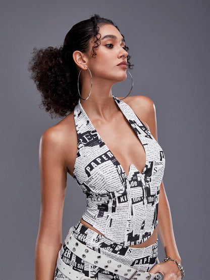 thegypsygoddess Top corto sin mangas estilo Y2K con estampado y diseño de cuello halter para mujeres